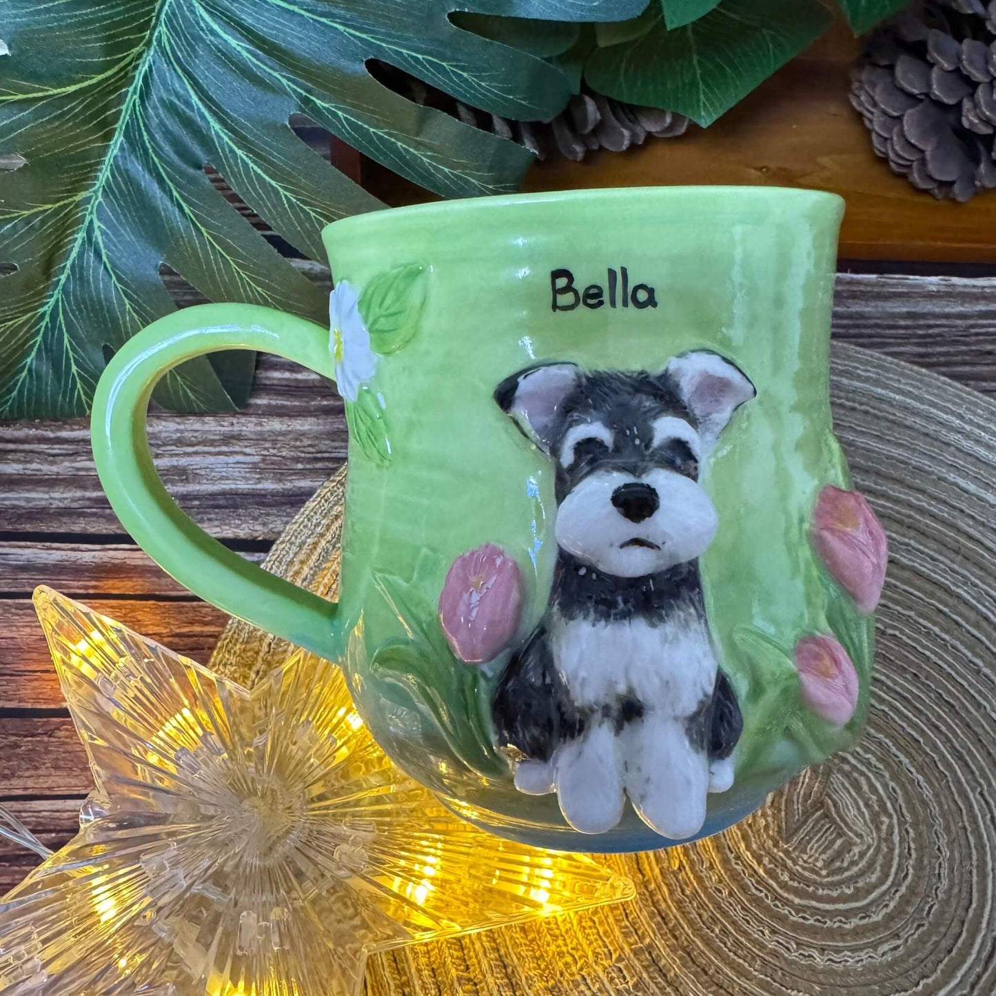 Custom 3D Pet Relief Mug – Bespoke Personalized Dog & Cat Ceramic Cup with Elegant Floral Details | Unique Gift & Touching Memorial