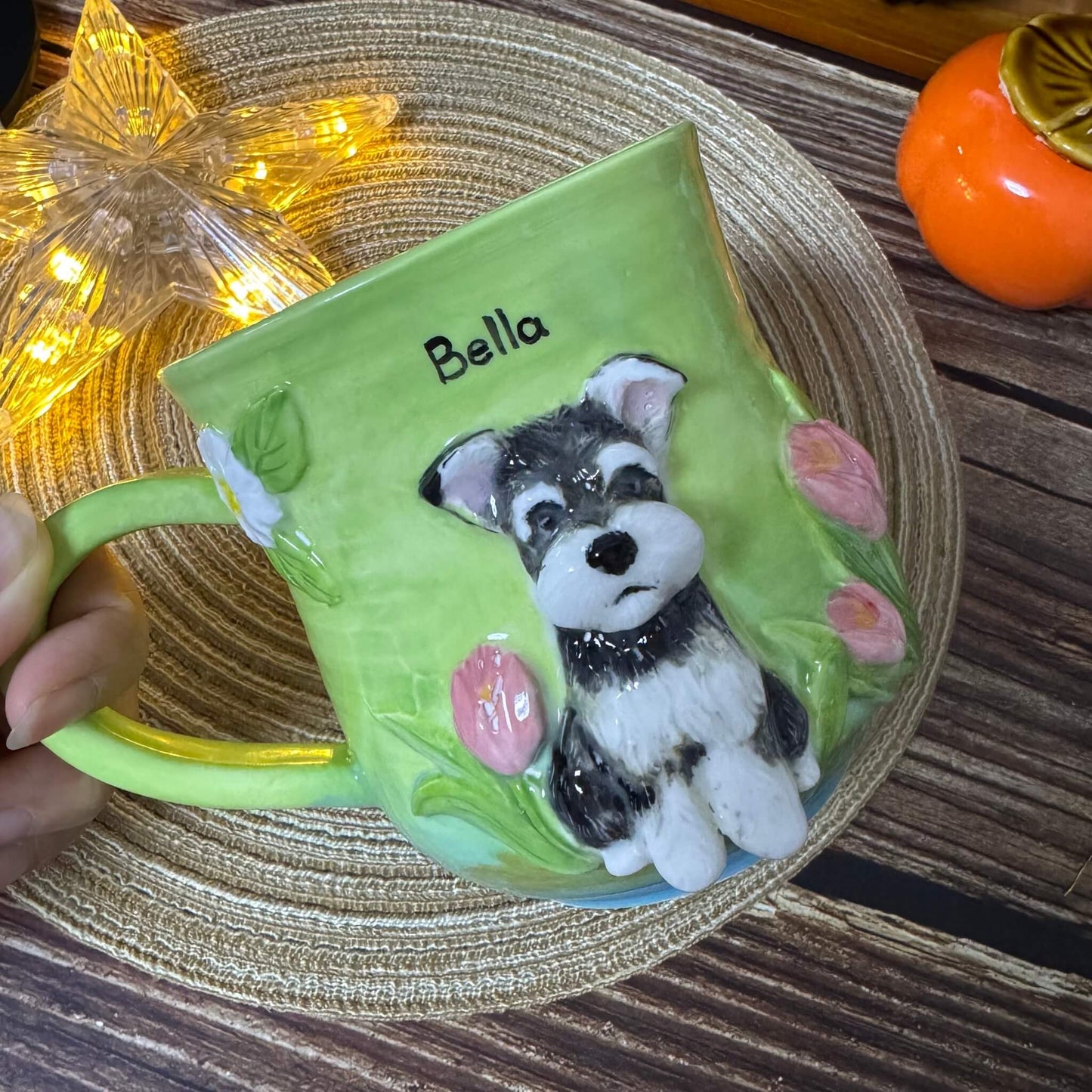 Custom 3D Pet Relief Mug – Bespoke Personalized Dog & Cat Ceramic Cup with Elegant Floral Details | Unique Gift & Touching Memorial