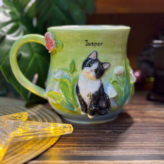 Custom 3D Pet Relief Mug – Bespoke Personalized Dog & Cat Ceramic Cup with Elegant Floral Details | Unique Gift & Touching Memorial