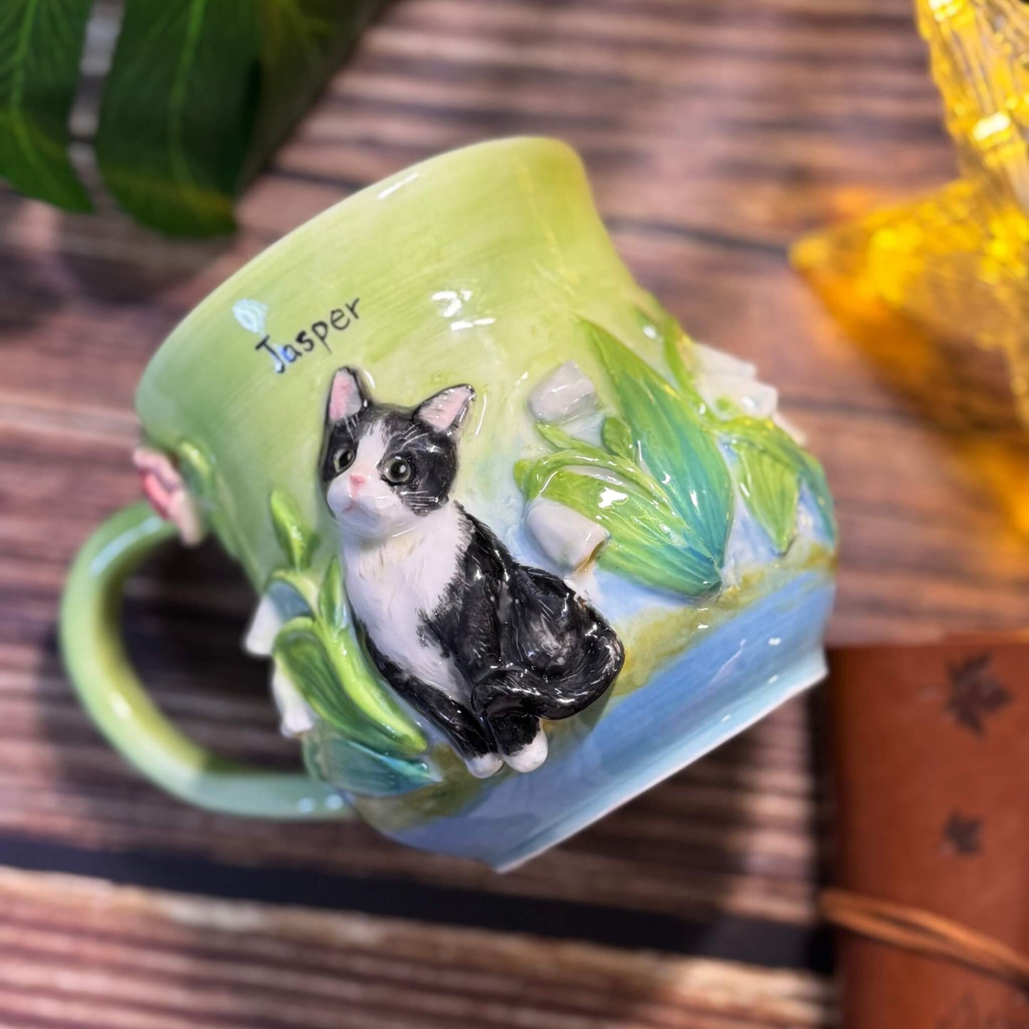 Custom 3D Pet Relief Mug – Bespoke Personalized Dog & Cat Ceramic Cup with Elegant Floral Details | Unique Gift & Touching Memorial