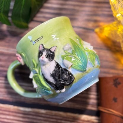 Custom 3D Pet Relief Mug – Bespoke Personalized Dog & Cat Ceramic Cup with Elegant Floral Details | Unique Gift & Touching Memorial