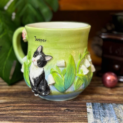 Custom 3D Pet Relief Mug – Bespoke Personalized Dog & Cat Ceramic Cup with Elegant Floral Details | Unique Gift & Touching Memorial